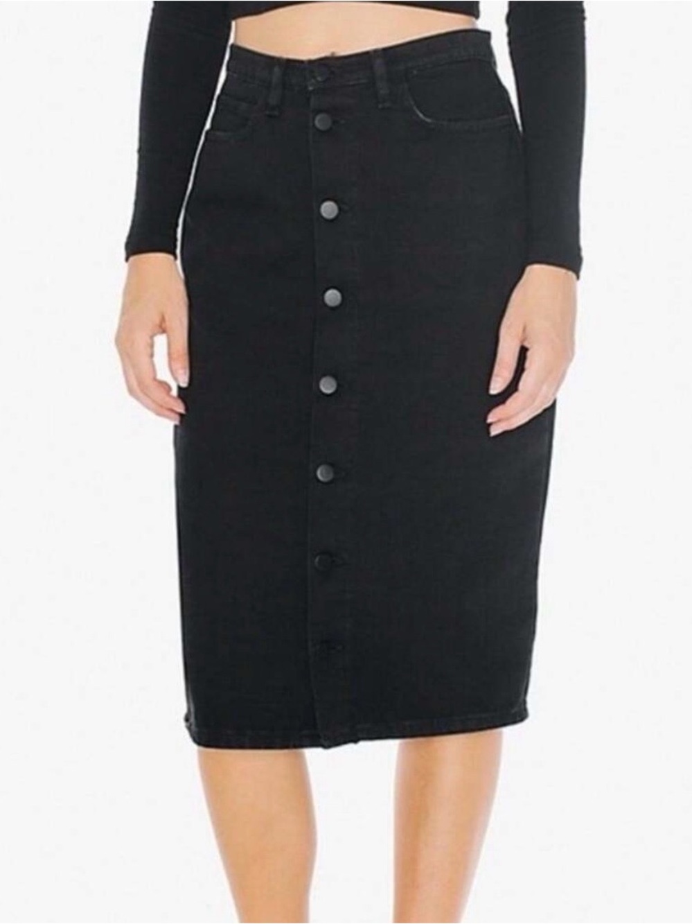 American Apparel 100% Cotton Black Denim Button Front Boho Pencil Midi Skirt-M